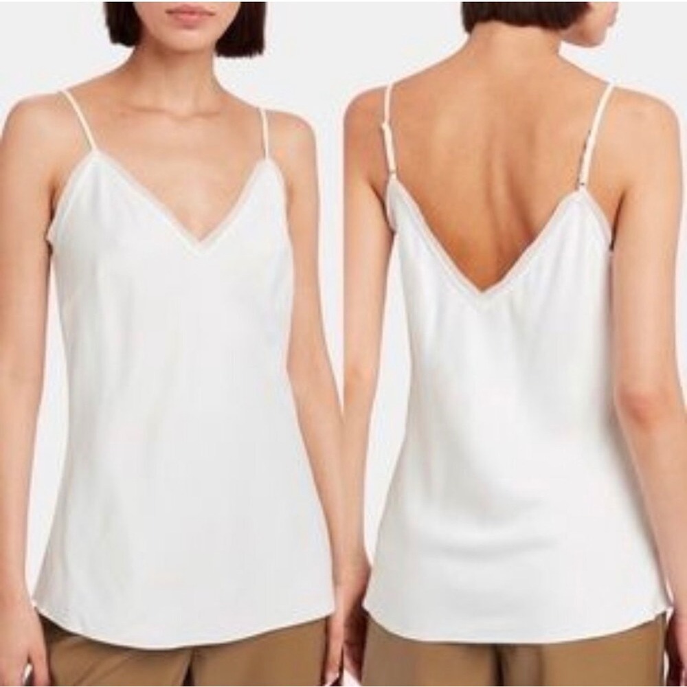 FRAME Satin Off White Raw Edge Fringe V-Neck Cami Tank Top Womens Medium Viscose